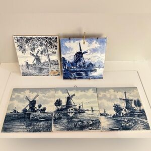 Delft Blue Tiles Holland Set of Five Blue and White Windmill Pattern